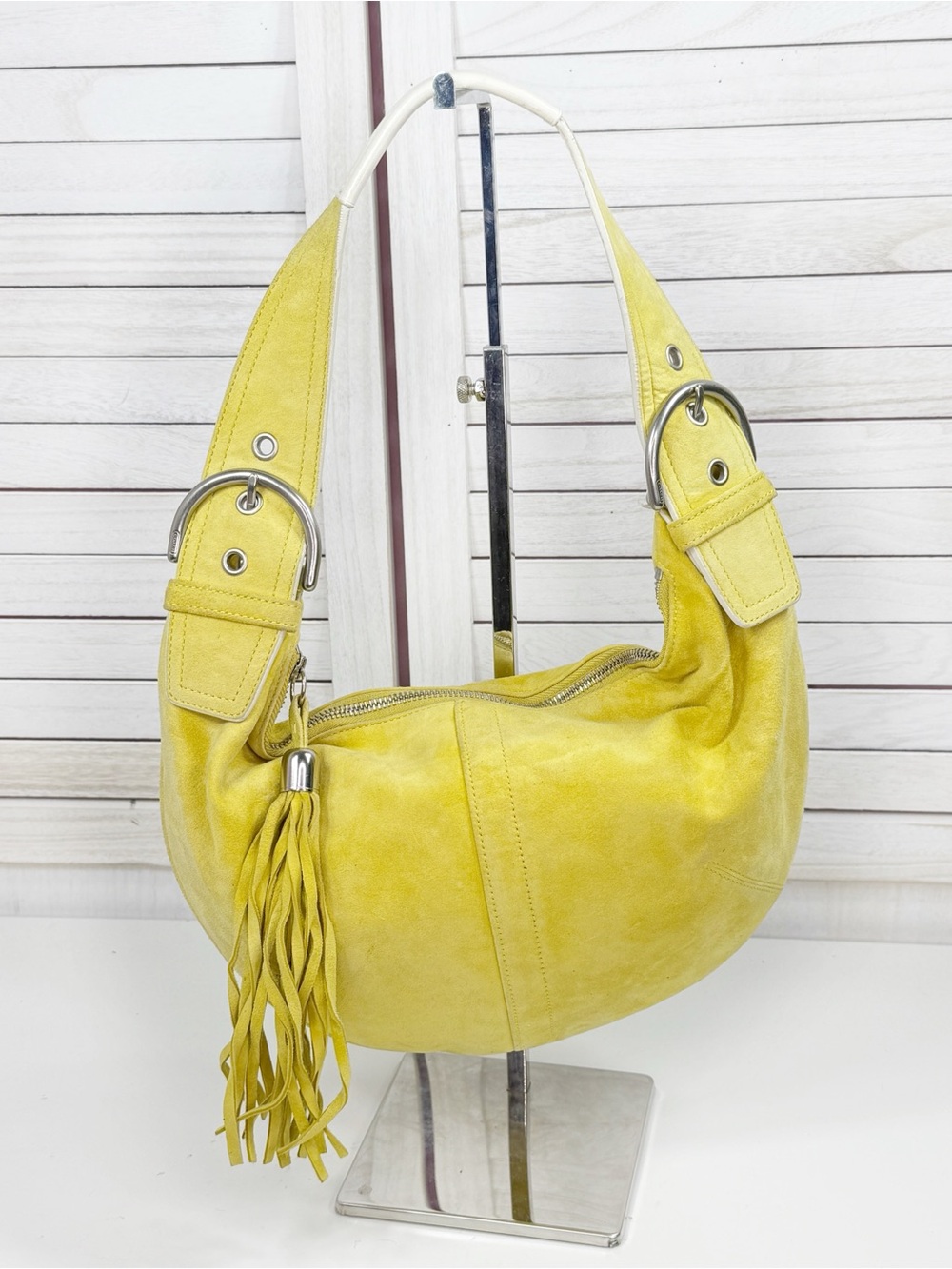 Vintage Y2K Coach K043-3671 Ergo SoHo Suede Mini Hobo Bag Yellow Lime Boho